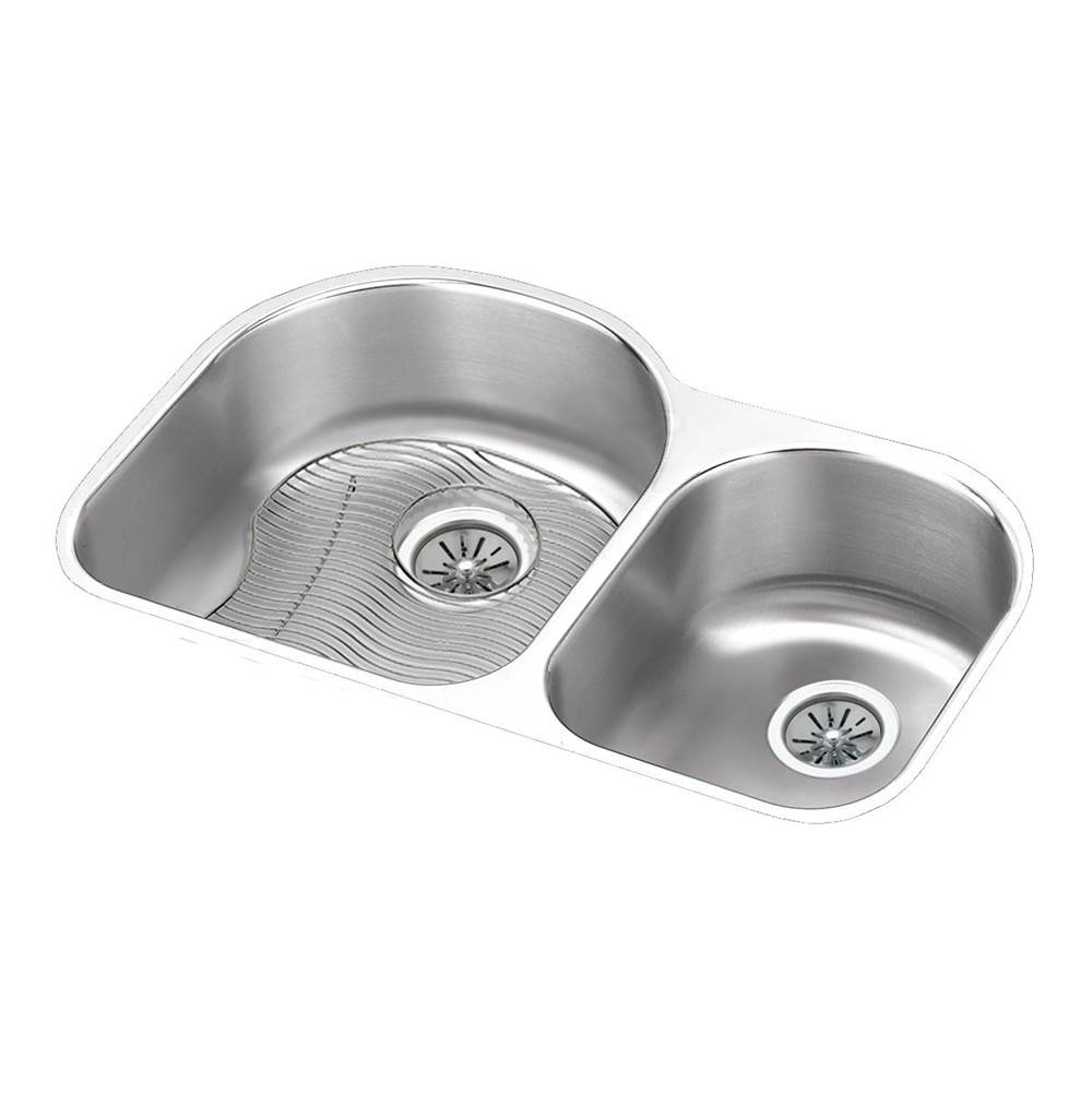 Elkay Lustertone Classic Stainless Steel 31-1/4'' x 20'' x 10'', Offset 60/40 Double Bowl Undermount Sink Kit