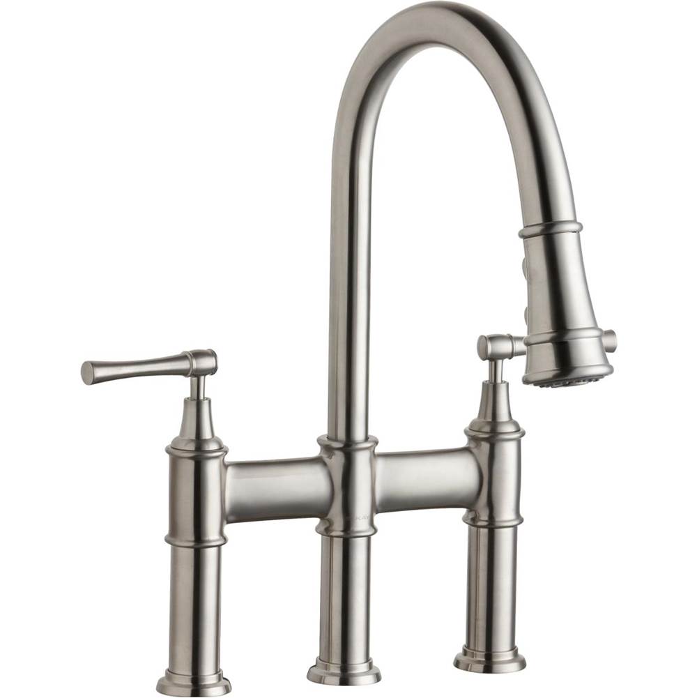 Elkay Explore Three Hole Bridge Faucet with Pull-down Spray and Lever Handles Lustrous Steel