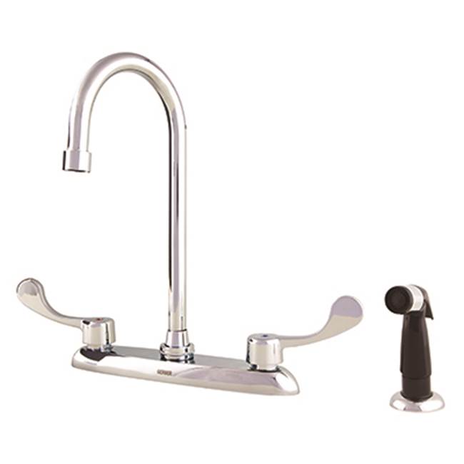 Gerber Plumbing Commercial 2H Kitchen Faucet w/ Gooseneck Spout Wrist Blade Handles Spray & Color-Coded Handle Screws 1.75gpm Aeration/2.2gpm Spray Chrome