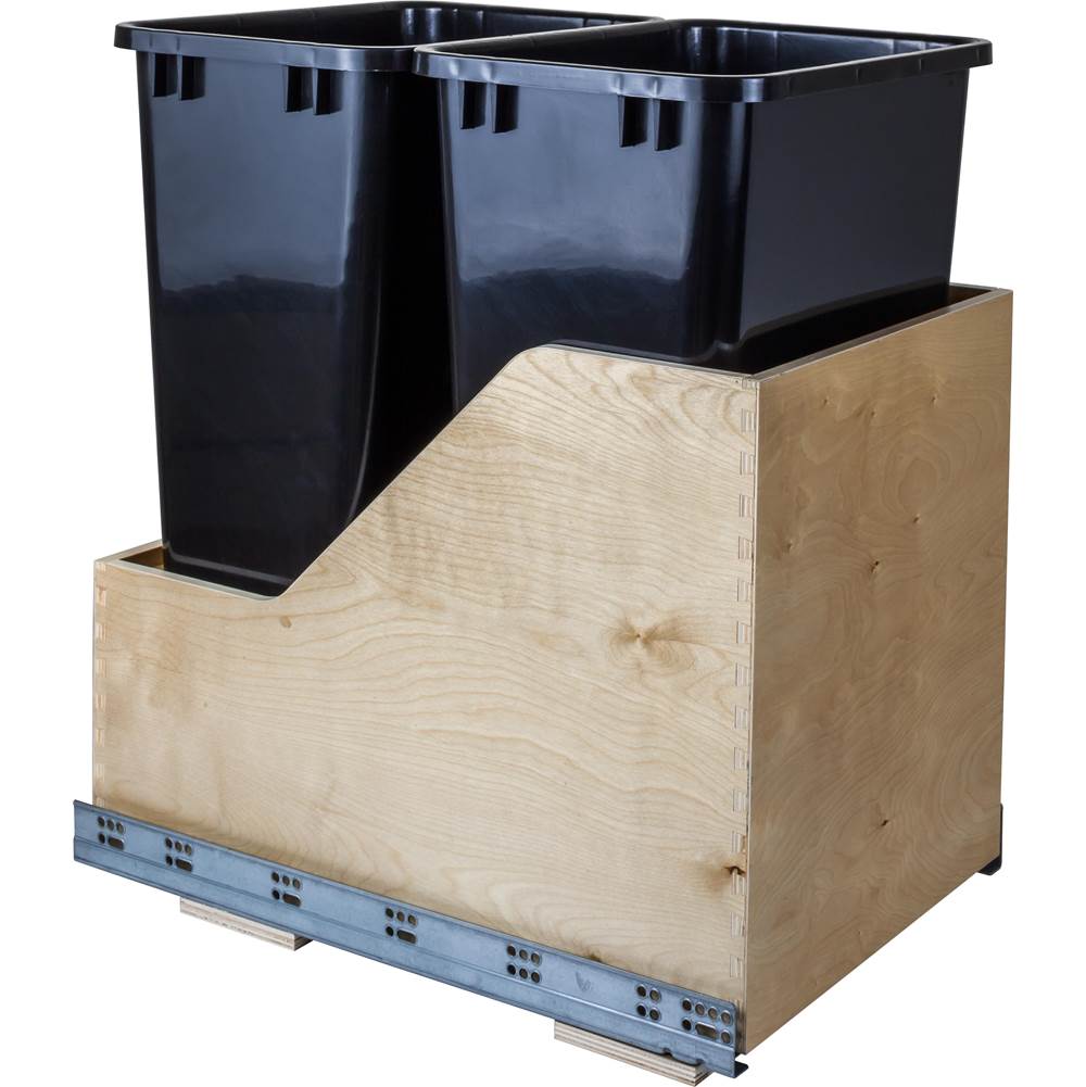 Hardware Resources Double 50 Quart Wood Bottom-Mount Soft-close Trashcan Rollout for Hinged Doors, Includes Black Cans