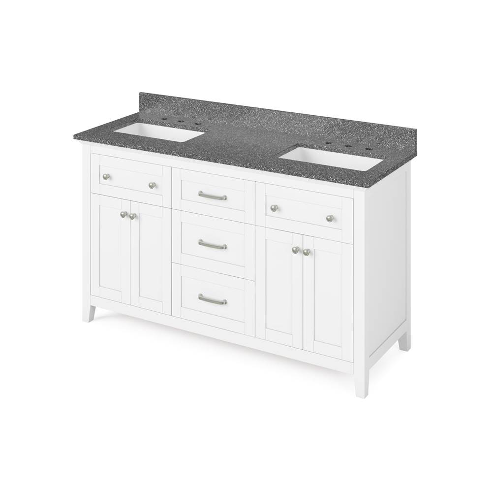 Jeffrey Alexander 60'' White Chatham Vanity, double bowl, Boulder Cultured Marble Vanity Top, two undermount rectangle bowls