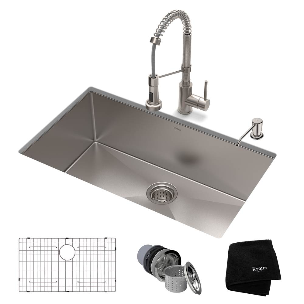 Kraus 30-inch 16 Gauge Standart PRO Kitchen Sink Combo Set with Bolden 18-inch Kitchen Faucet and Soap Dispenser, Stainless Steel Finish