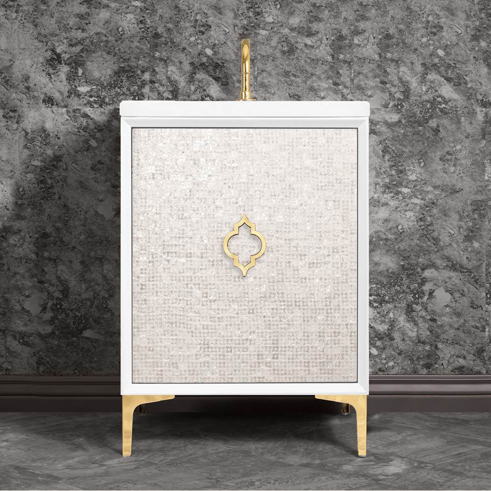 Linkasink Mother of Pearl 24'' Wide White Vanity with Polished Brass Arabesque Pull and Hardware, 24'' x 22'' x 33.5'' (without vanity top)