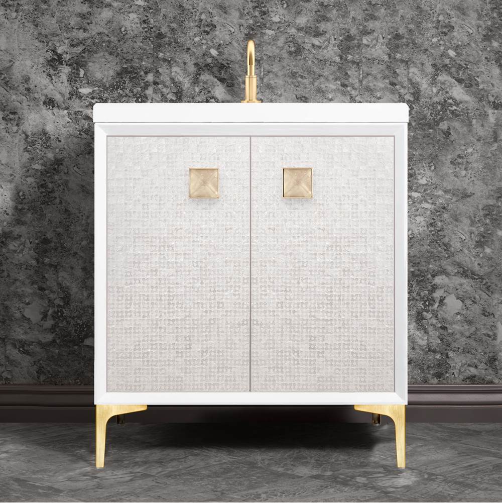 Linkasink MOTHER OF PEARL with 3'' Artisan Glass Prism Hardware 30'' Wide Vanity, White, Satin Brass Hardware, 30'' x 22'' x 33.5'' (without vanity top)