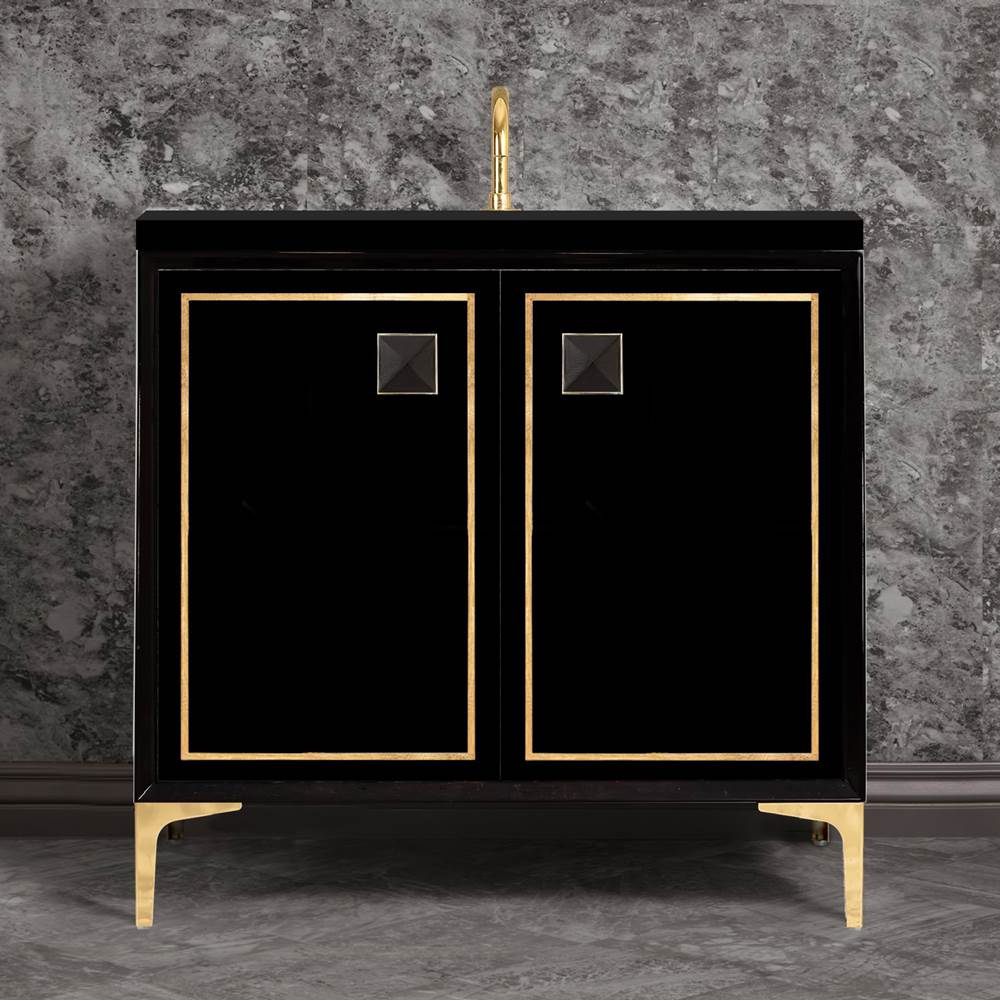 Linkasink LINEA with 3'' Artisan Glass Prism Hardware 36'' Wide Vanity, Black, Polished Brass Hardware, 36'' x 22'' x 33.5'' (without vanity top)