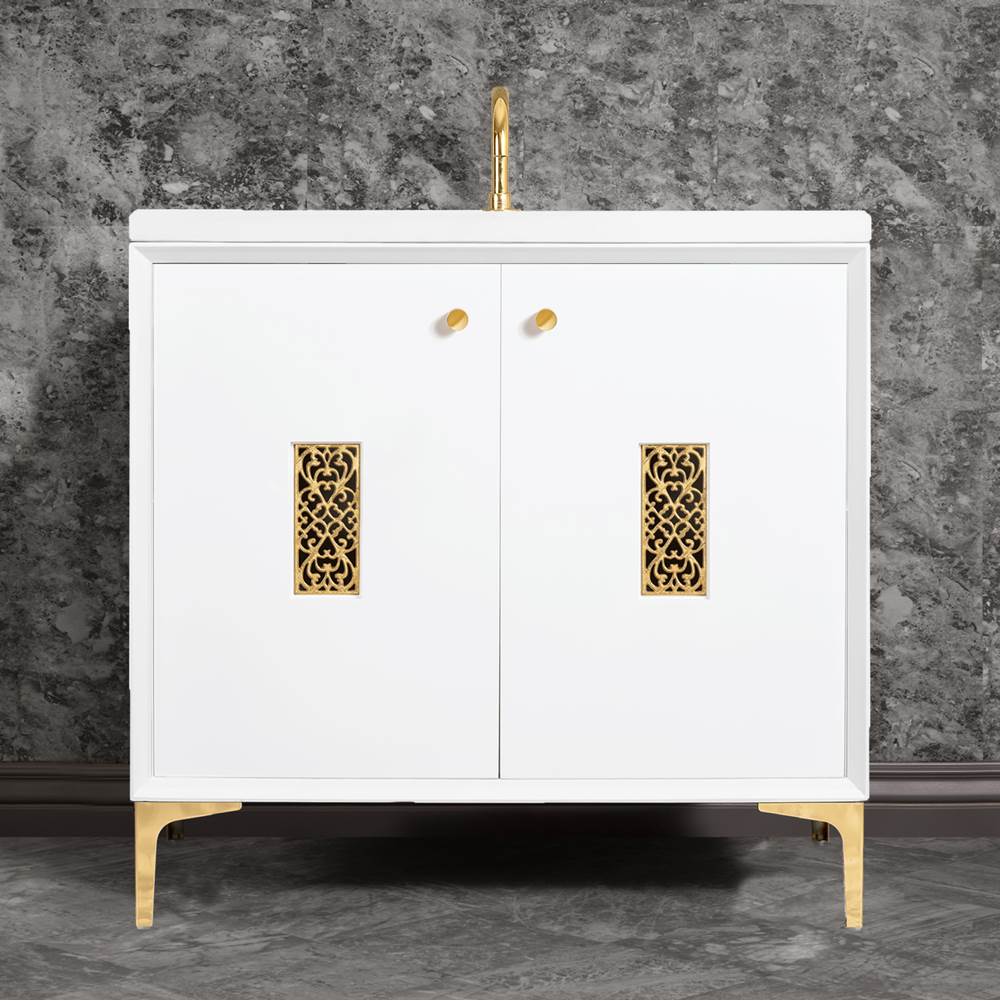 Linkasink Frame 36'' Wide White Vanity with Polished Brass Filigree Grate and Legs