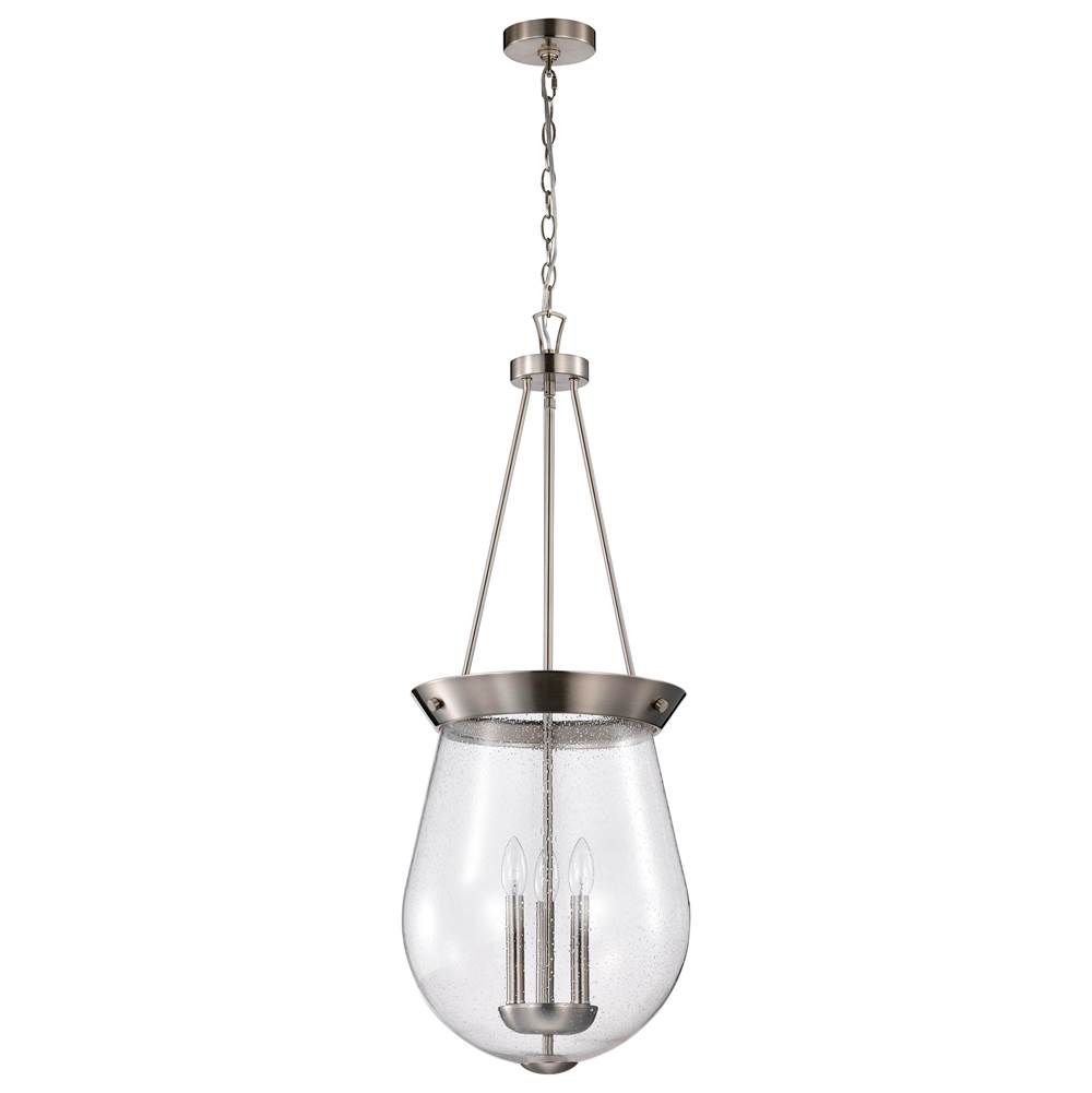 Nuvo Boliver 3 Light Pendant; 14 Inches; Brushed Nickel Finish; Clear Seeded Glass