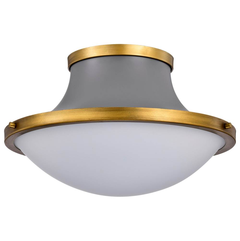 Nuvo Lafayette 1 Light Flush Mount Fixture; 18 Inches; Gray Finish with Natural Brass Accents and White Opal Glass